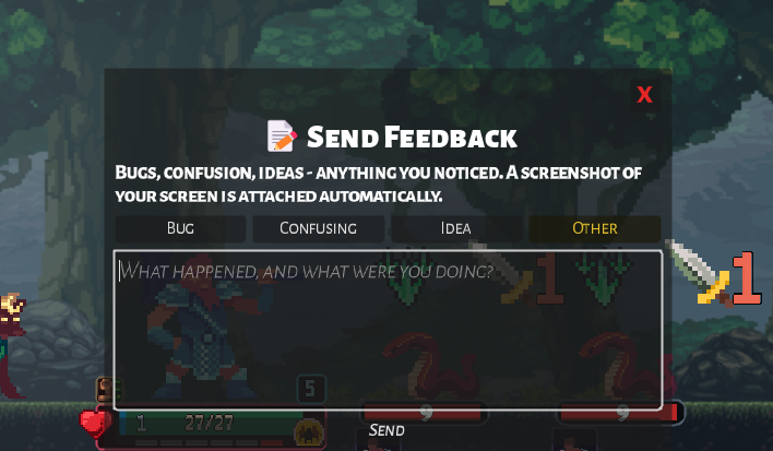 Into the Storm's in-game Send Feedback overlay, showing Bug, Confusing, Idea, and Other categories above a text field